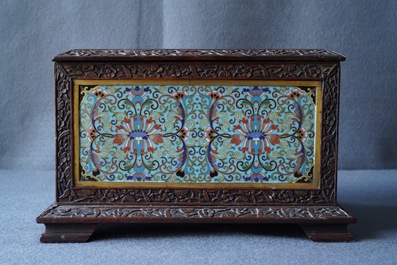 A rectangular Chinese cloisonn&eacute; and wood box, 19th C.