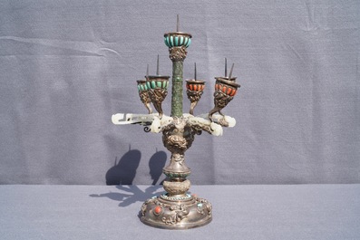 A coral and turquoise-inlaid silver and jade candlestick, China or Tibet, 18/19th C.