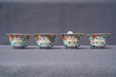 Five sets of Chinese famille rose cups and saucers and a pair of cups with horses, 19/20th C.