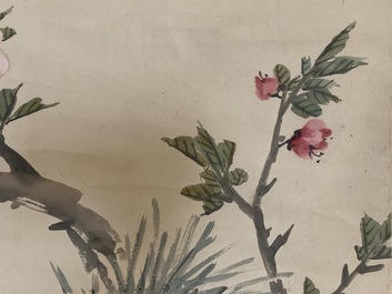 Zhao Zhiqian (Chine, 1829&ndash;1884): 'Les trois amis de l&acute;hiver', encre et couleurs sur papier, mont&eacute; en rouleau