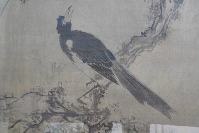 Tani Buncho (Japan, 1763-1841): Vogels op een bloesemtak, inkt en kleur op zijde, in lijst