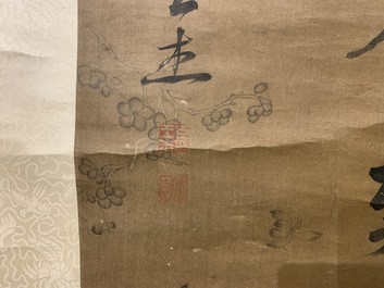 Wang Jie (Chine, 1725-1805): Calligraphie et fleurs, encre sur papier, mont&eacute; en rouleau