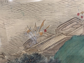 Drie Chinese schilderingen op textiel: 'Riviersc&egrave;nes', 18/19e eeuw