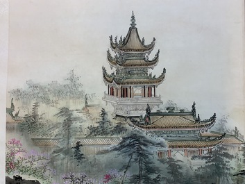 Vier Chinese rolschilderingen met doorlopend landschapsdecor, 20e eeuw