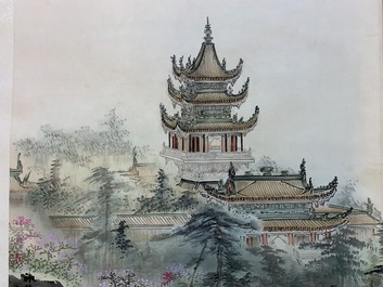 Four Chinese scroll paintings forming a large landscape, 20th C.