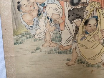 Shen Zhaohan (Xinhai) (China, 1855 - 1941): Boeddha met kinderen, inkt en kleur op papier, gemonteerd op rol