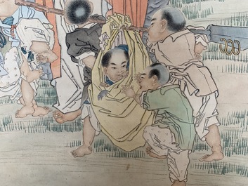 Shen Zhaohan (Xinhai) (China, 1855 - 1941): Boeddha met kinderen, inkt en kleur op papier, gemonteerd op rol