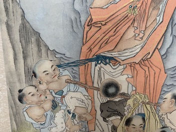 Shen Zhaohan (Xinhai) (China, 1855 - 1941): Boeddha met kinderen, inkt en kleur op papier, gemonteerd op rol