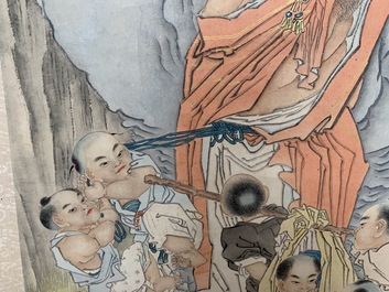 Shen Zhaohan (Xinhai) (China, 1855 - 1941): Bouddha aux enfants, encre et couleurs sur papier, mont&eacute; en rouleau