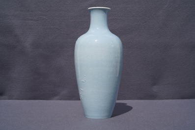 A Chinese monochrome lavender-blue vase with underglaze design, Yongzheng mark, 19th C.