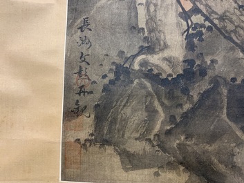 Chinese school, Qing, naar Wang Fu (1362-1416): Landschap met figuren, inkt en kleur op zijde, gemonteerd op rol