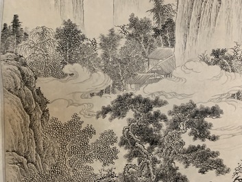 Wu Hufan (Chine, 1894-1968): Paysage montagnard avec personnage, encre sur papier, mont&eacute; en rouleau