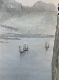 Four Chinese scroll paintings forming a large landscape, 20th C.