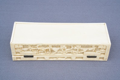 A Chinese carved ivory casket, a cardholder and a notebook, Canton, 19th C.