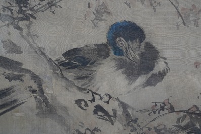 Tani Buncho (Japon, 1763-1841): Oiseaux sur une branche fleurie, encre et couleurs sur soie, encadr&eacute;