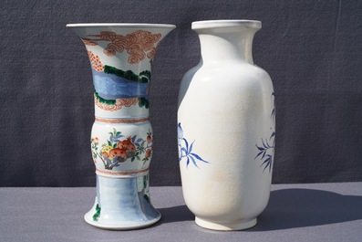 Two Chinese blue and white and wucai vases, Yongzheng and Wanli marks, 19th C.