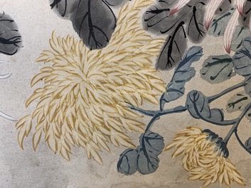 Wu Shuben (Chine, 1869-1938): Composition florale, encre et couleurs sur soie