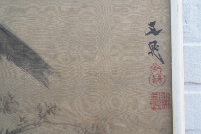 Tani Buncho (Japan, 1763-1841): Birds on a flower branch, ink and color on silk, framed