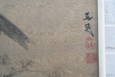 Tani Buncho (Japon, 1763-1841): Oiseaux sur une branche fleurie, encre et couleurs sur soie, encadr&eacute;