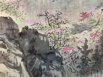 Four Chinese scroll paintings forming a large landscape, 20th C.