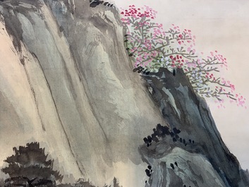 Four Chinese scroll paintings forming a large landscape, 20th C.