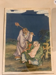 Quatre peintures chinoises d'immortels, encre et couleurs sur papier, 19&egrave;me