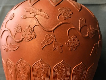 A Chinese Yixing stoneware baluster vase with applied design, Kangxi