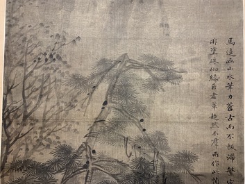 Chinese school, Qing, after Wang Fu (1362-1416): Figures in a landscape, ink and color on silk, mounted on scroll