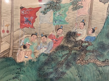 Trois peintures chinoises sur textile: 'Aux bords des rivi&egrave;res', 18/19&egrave;me