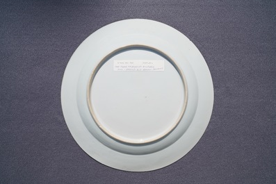A Chinese blue and white 'Master of the Rock' dish and a famille verte dish, Kangxi