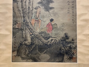 Chinese school, Qing, after Wang Fu (1362-1416): Figures in a landscape, ink and color on silk, mounted on scroll