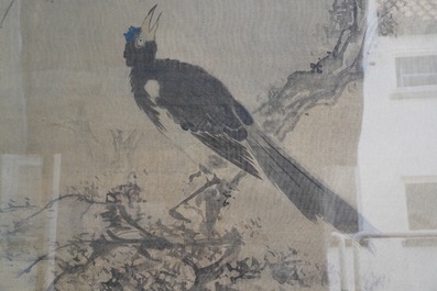 Tani Buncho (Japan, 1763-1841): Vogels op een bloesemtak, inkt en kleur op zijde, in lijst