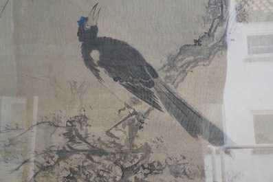 Tani Buncho (Japon, 1763-1841): Oiseaux sur une branche fleurie, encre et couleurs sur soie, encadr&eacute;