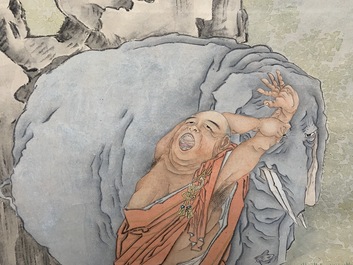 Shen Zhaohan (Xinhai) (China, 1855 - 1941): Bouddha aux enfants, encre et couleurs sur papier, mont&eacute; en rouleau
