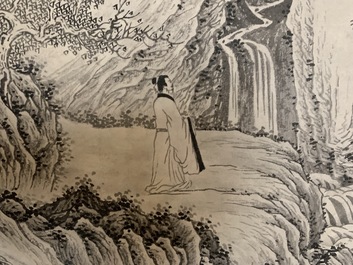 Wu Hufan (China, 1894-1968): Berglandschap met figuur, inkt op papier, gemonteerd op rol