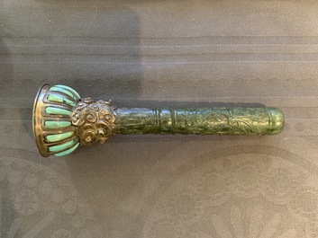 A coral and turquoise-inlaid silver and jade candlestick, China or Tibet, 18/19th C.