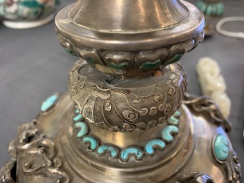 A coral and turquoise-inlaid silver and jade candlestick, China or Tibet, 18/19th C.