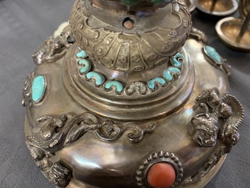 A coral and turquoise-inlaid silver and jade candlestick, China or Tibet, 18/19th C.