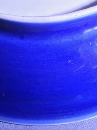 A Chinese monochrome sacrificial blue anhua 'dragon' dish, Wanli mark, 18/19th C.