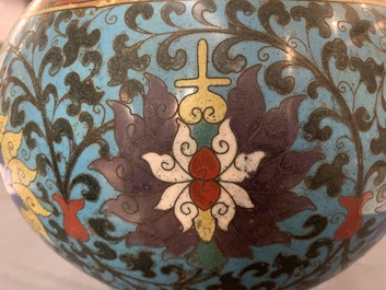 A pair of Chinese cloisonn&eacute; 'lotus scroll' hu vases, 18th C.