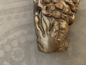 A Chinese jade archer's ring, a horn libation cup and a Beijing glass brush washer, 18th C. and later