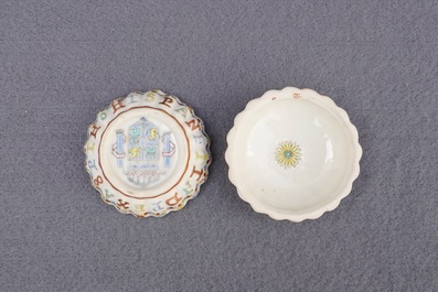 A Chinese famille rose box and cover after a Spanish coin, Jiaqing