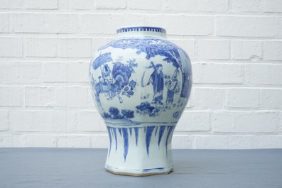 A Chinese blue and white baluster vase with unusual figural design, Transitional period