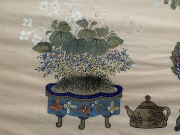 Three Chinese silk paintings: &lsquo;Antiquities with flowers&rsquo;, 19th C.