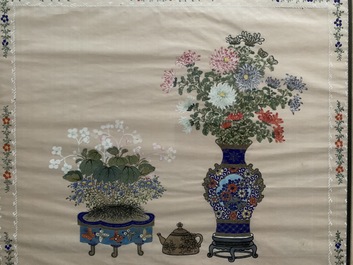 Three Chinese silk paintings: &lsquo;Antiquities with flowers&rsquo;, 19th C.