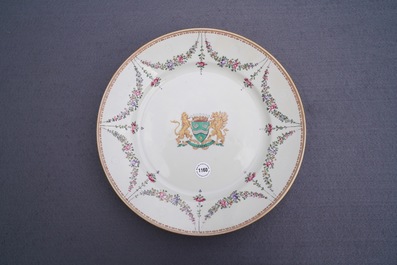 A famille rose-style armorial dish with the arms of Empain, Samson, Paris, 19th C.