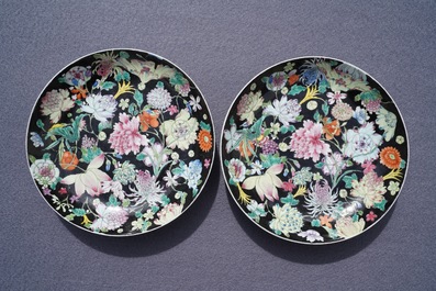 A pair of Chinese famille rose millefleurs plates, Jiaqing mark and of the period