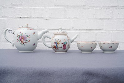 Two Chinese famille rose teapots and covers and two sets of cups and saucers, Qianlong