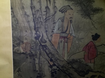 Chinese school, Qing, after Wang Fu (1362-1416): Figures in a landscape, ink and color on silk, mounted on scroll