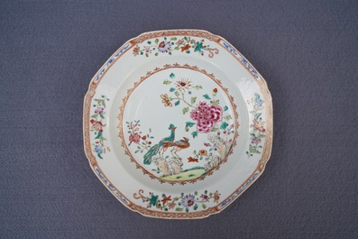 Two fine Chinese famille rose plates and a teapot and cover, Yongzheng/Qianlong